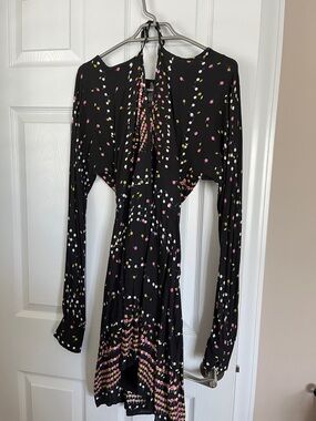 Long-Sleeve Black Dot-Print Midi Dress with Pink & Yellow Accents